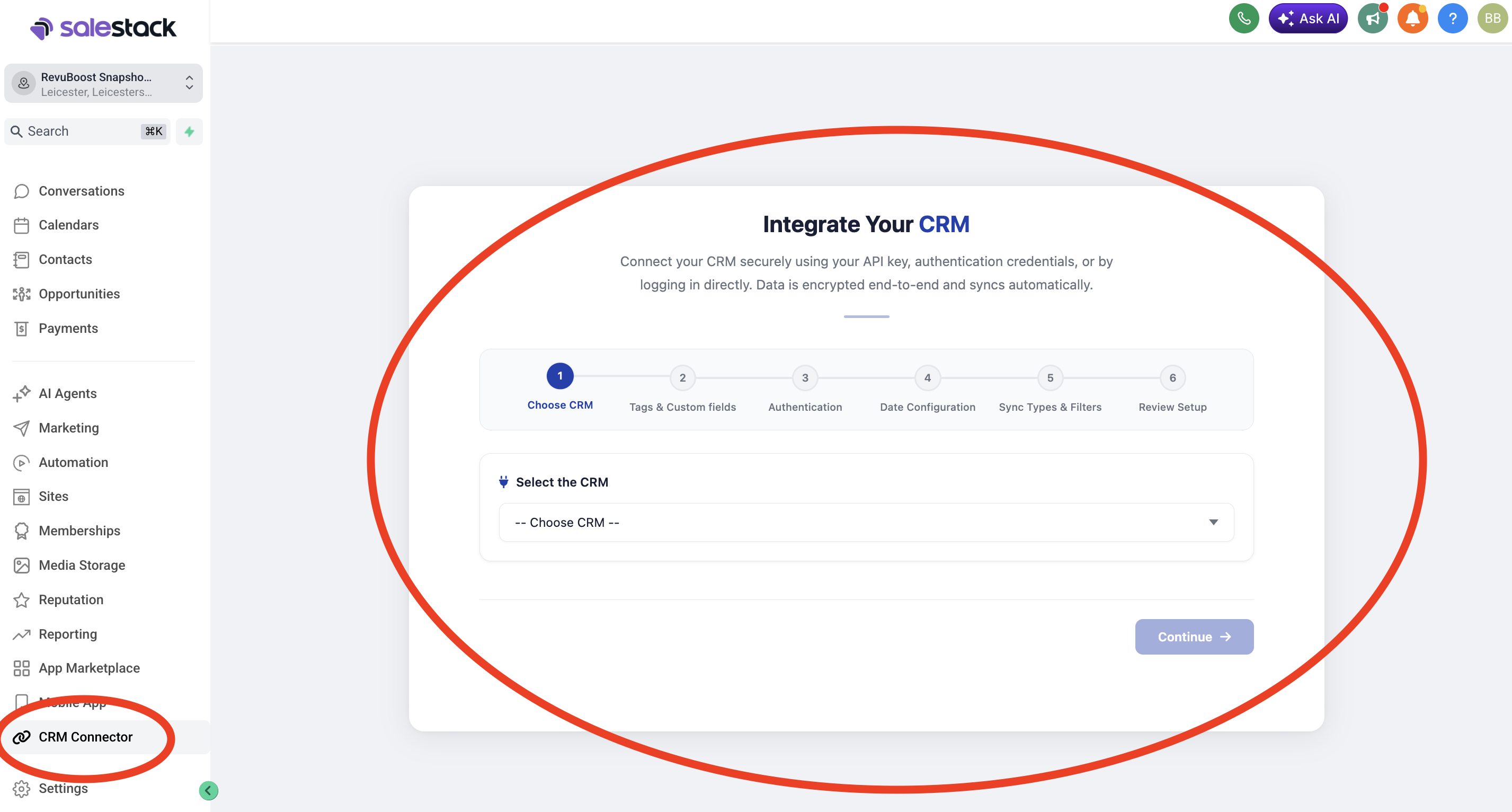 CRM connector setup screen showing integration options