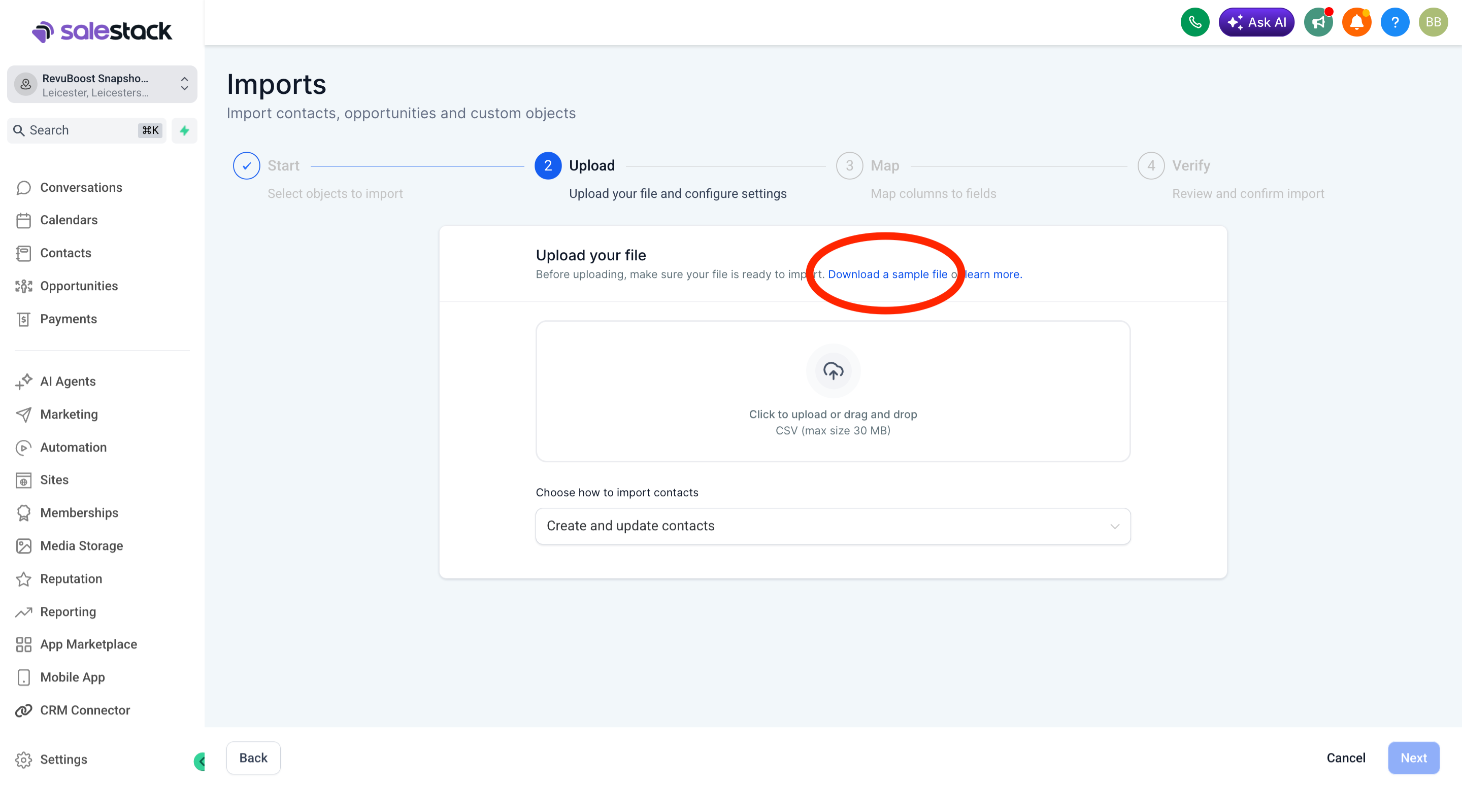 GoHighLevel import contacts screen showing where to select contacts and continue