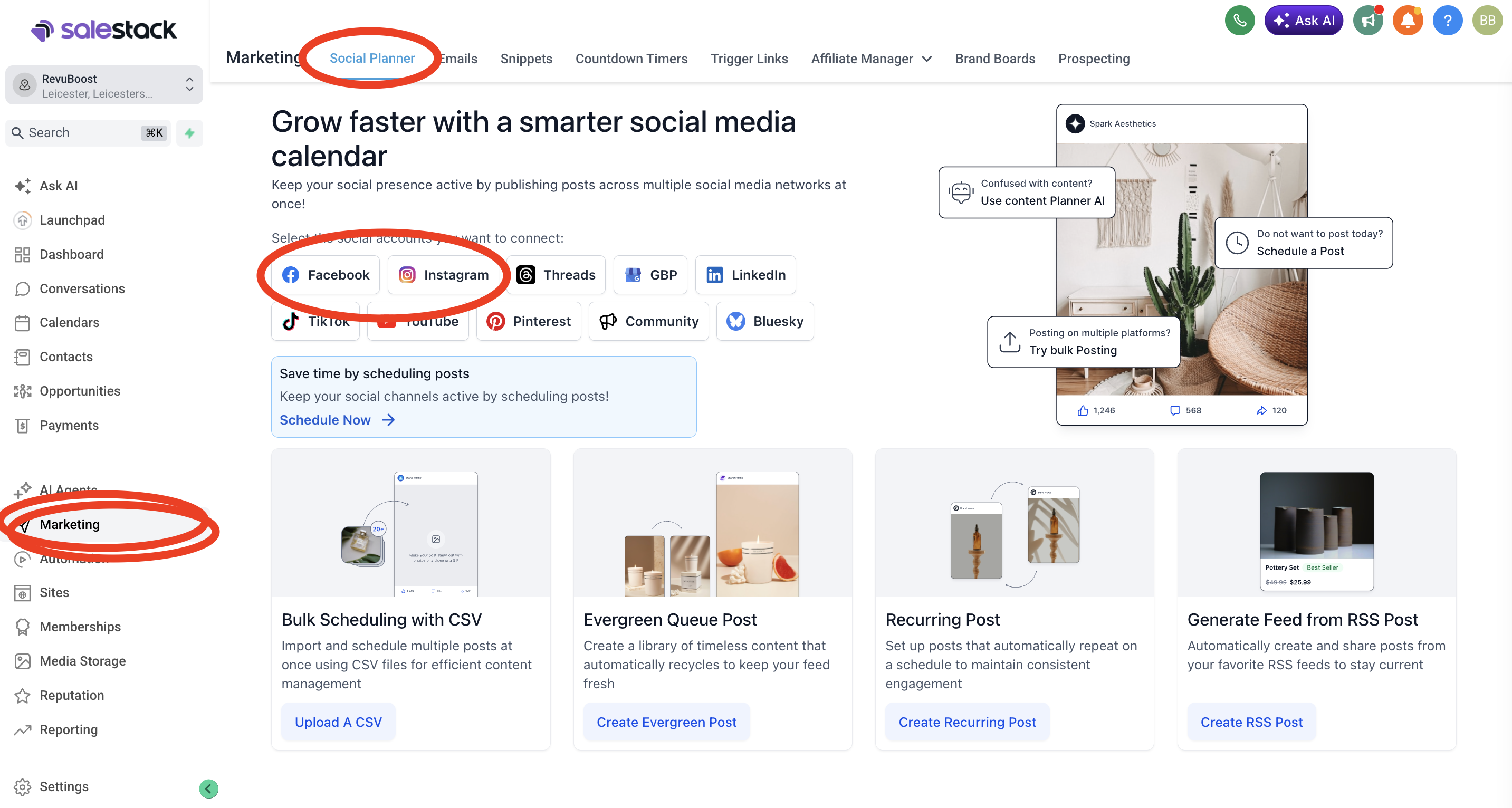 GoHighLevel Social Planner screen showing how to connect social media accounts