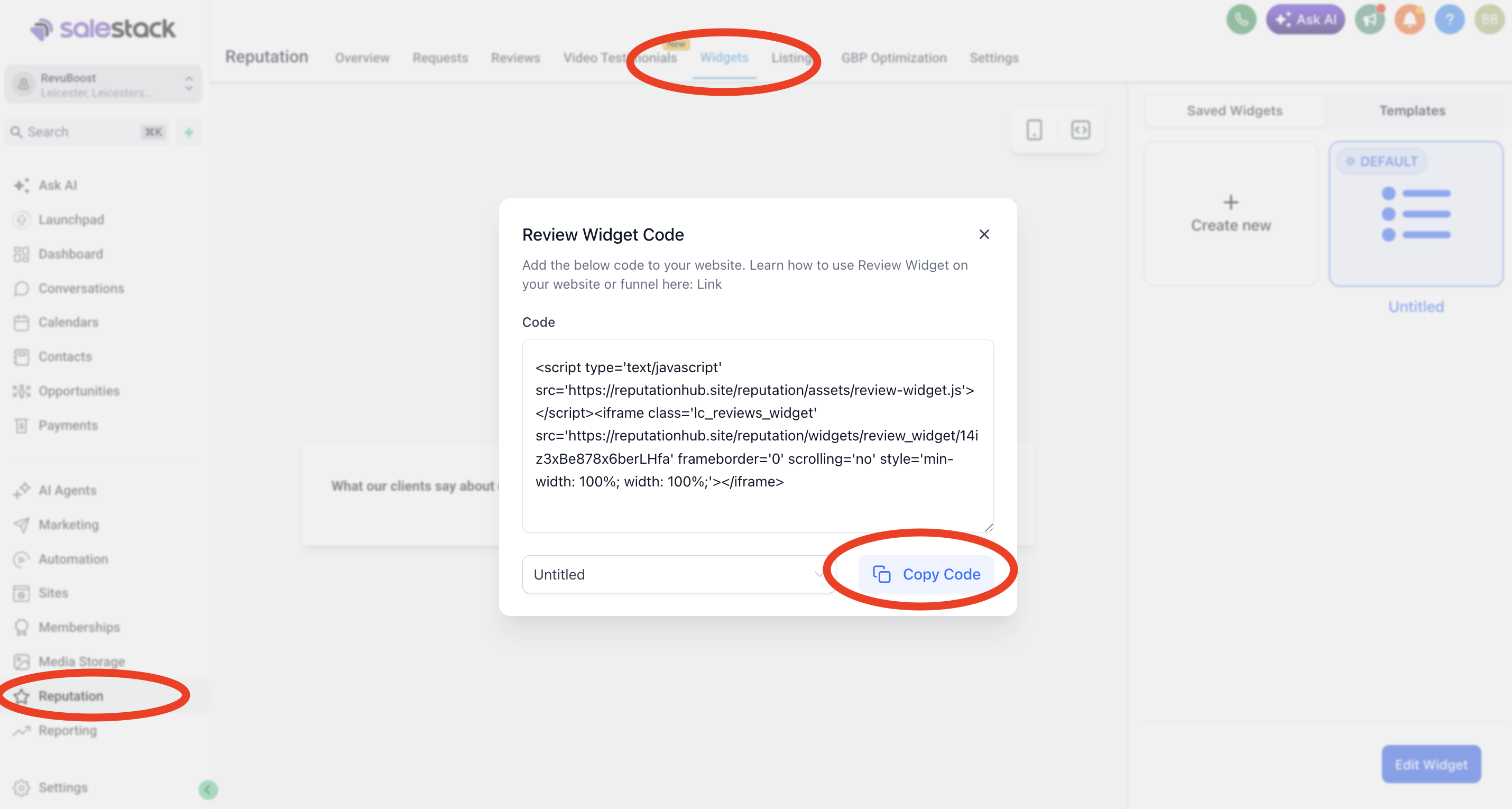 Google review widget code screen showing embed code for customer website