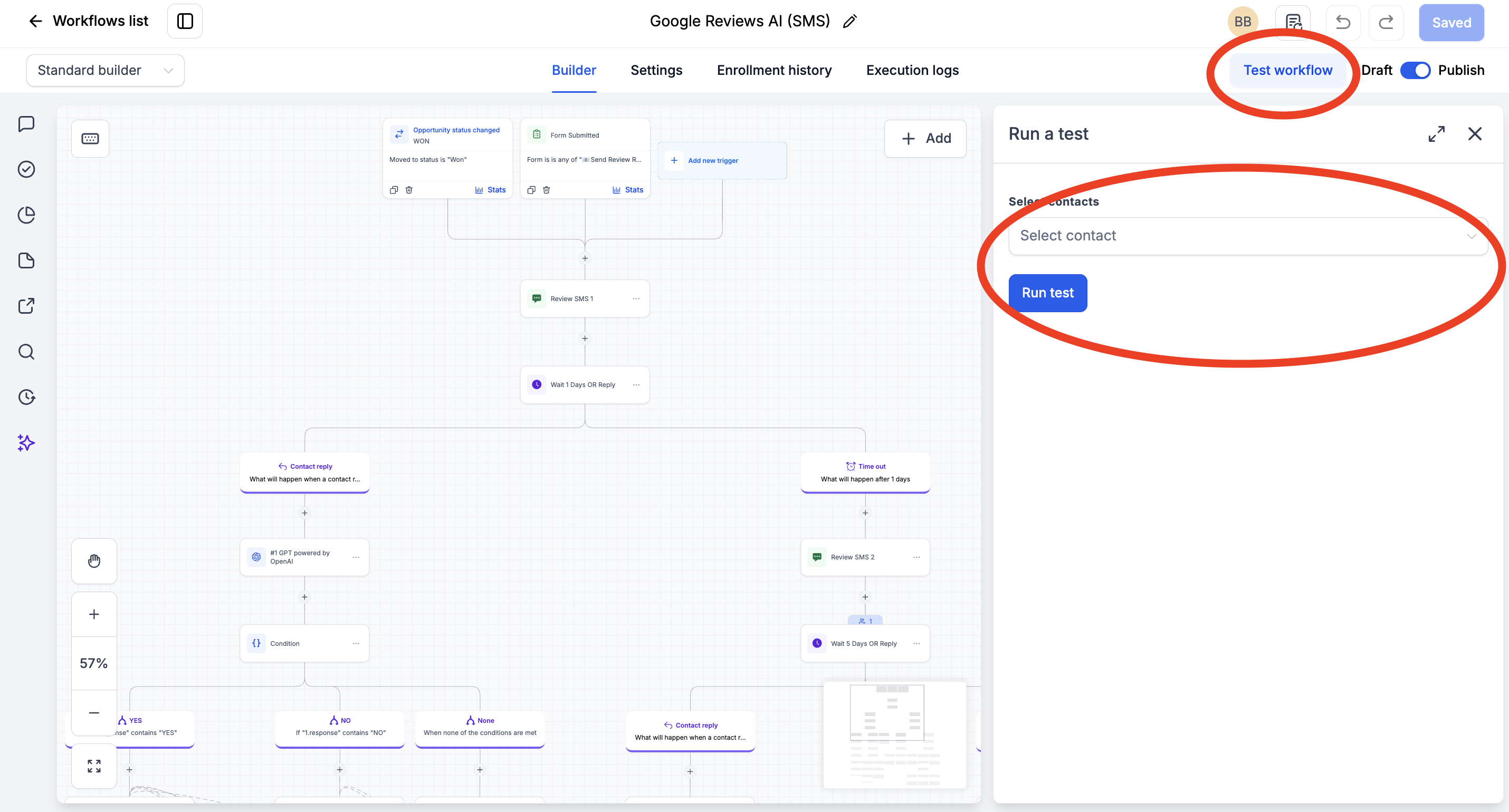 GoHighLevel workflow screen showing how to test the review request workflow