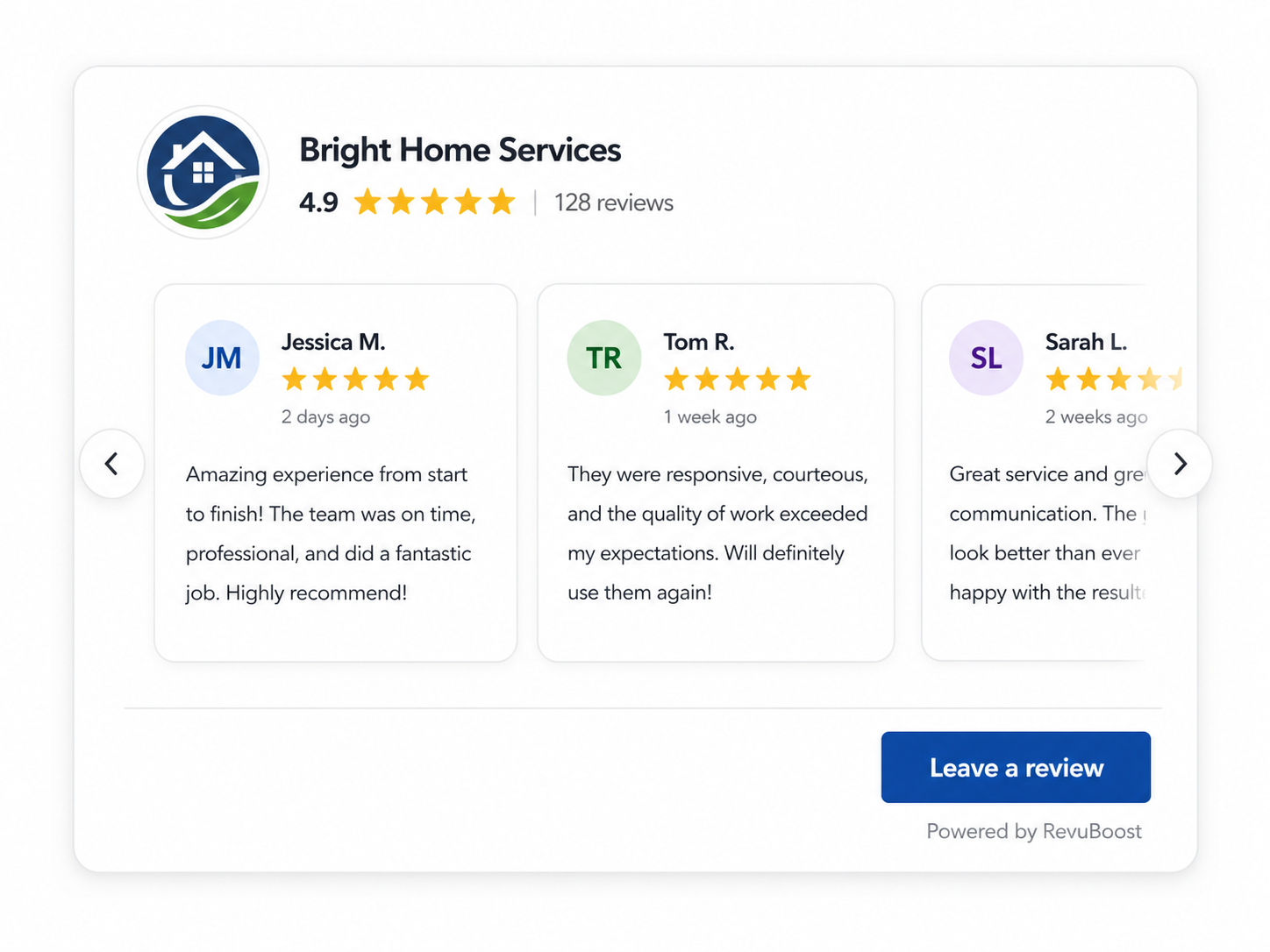 Website review widget embedded on a business website
