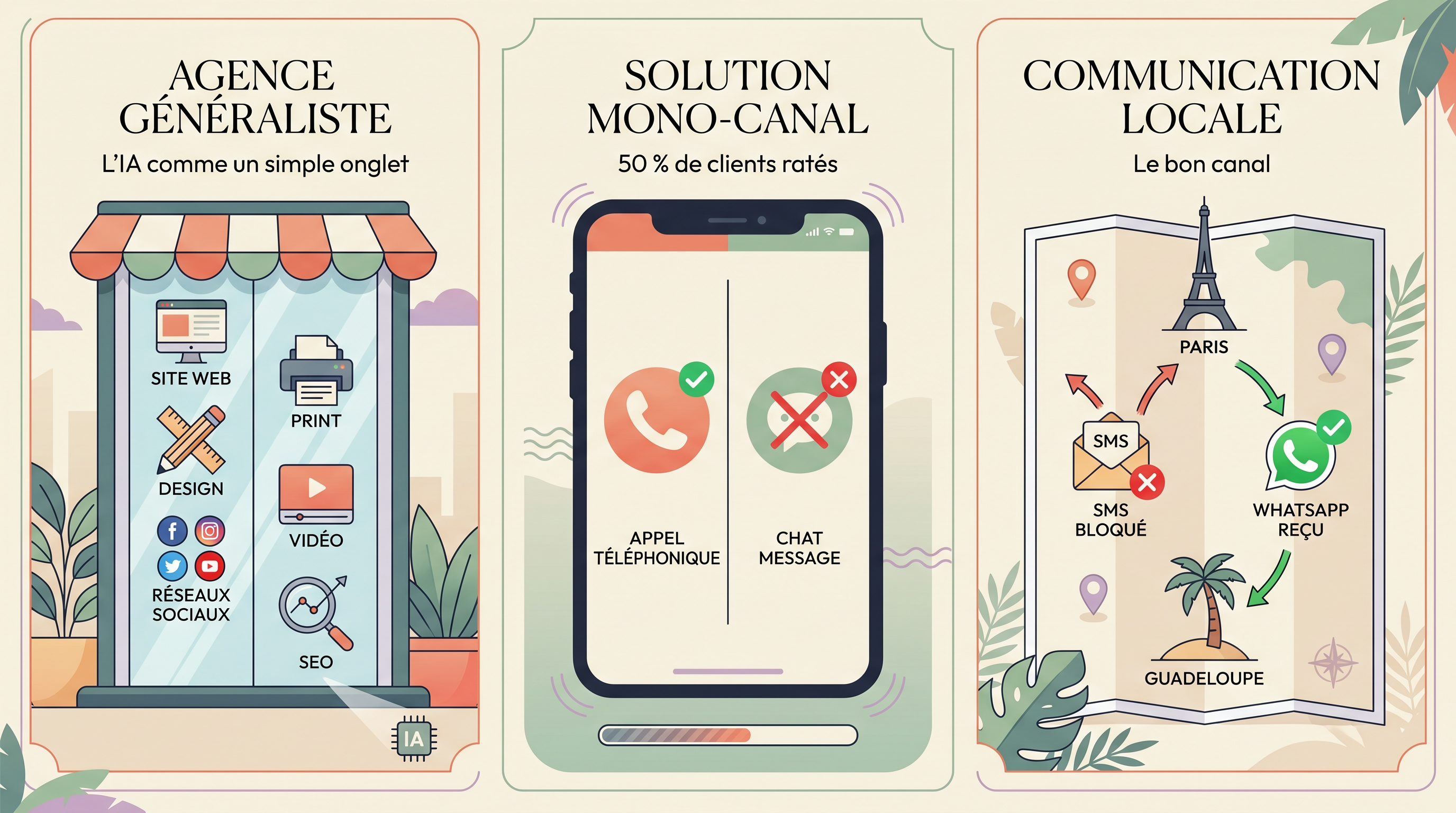 Comparatif visuel des 3 erreurs a eviter dans le choix d une agence IA en Guadeloupe : agence generaliste, solution mono-canal, SaaS metropole