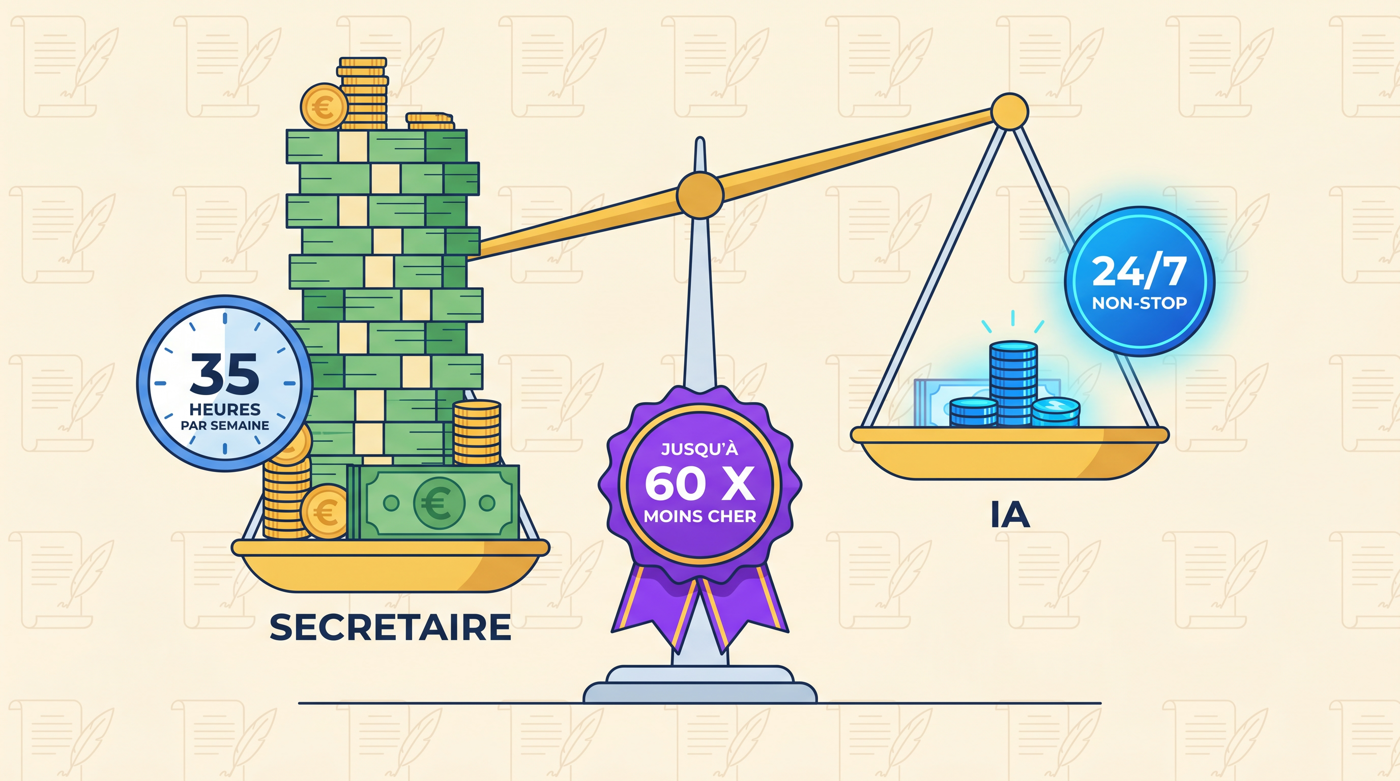 Comparatif tarifs agent vocal IA pour cabinet avocat versus secrétaire humaine en France : de 80 à 250 euros par mois vs 3000 à 5000 euros, soit jusqu'à 60 fois moins cher