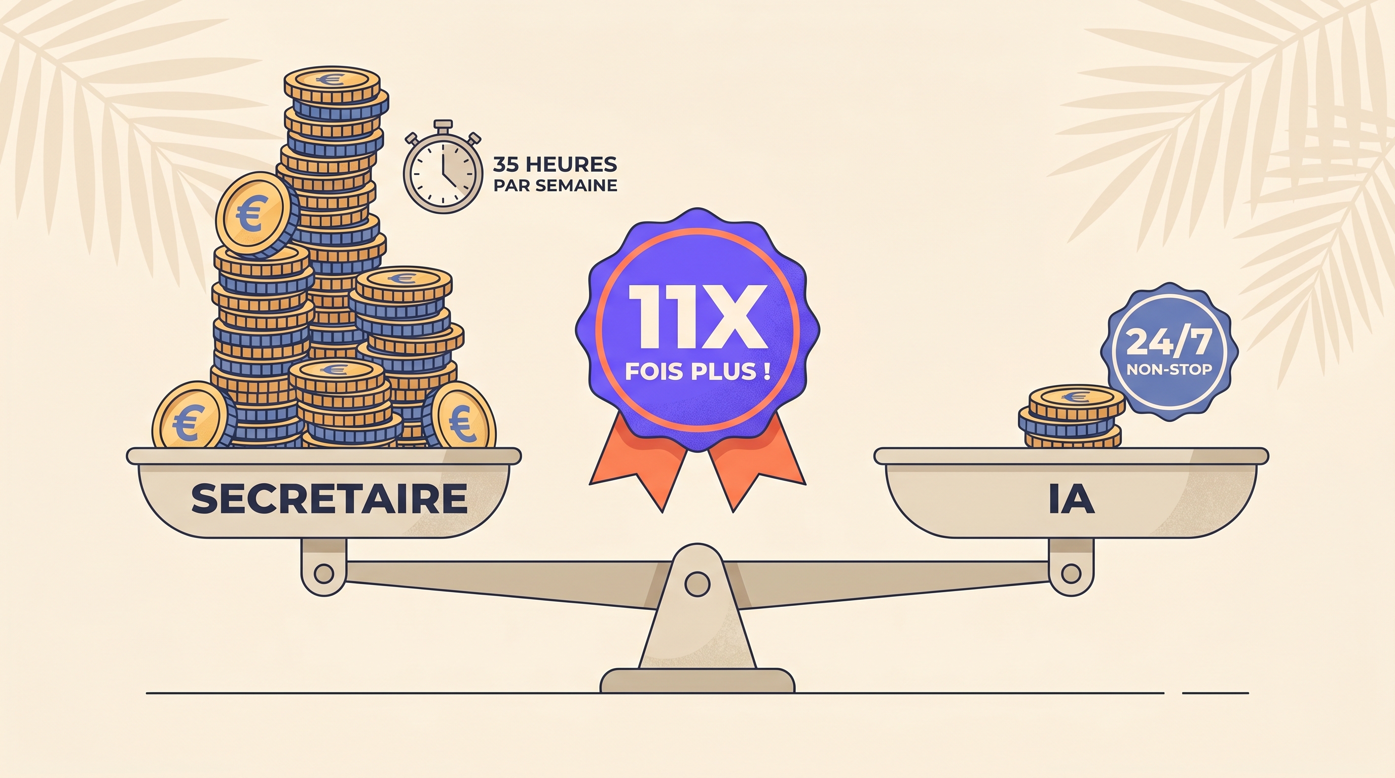 Comparatif visuel coût secrétaire humaine 2 200 euros versus standard téléphonique IA DCG AI 197 euros, ratio 11 fois moins cher en Guadeloupe