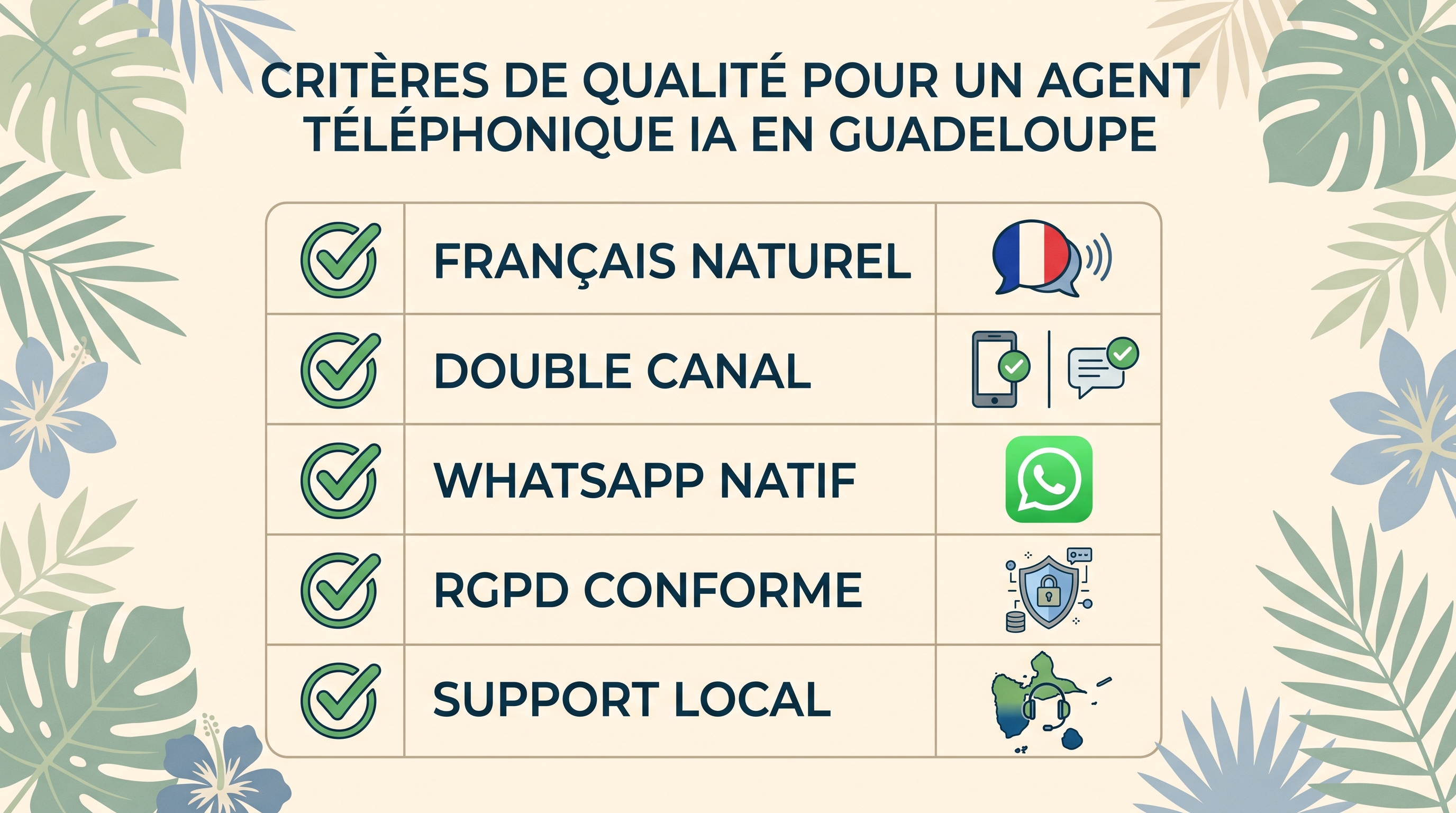 Les 5 critères à vérifier pour choisir un bon standard téléphonique IA en Guadeloupe : français naturel, double canal chat vocal, WhatsApp natif, RGPD, support local