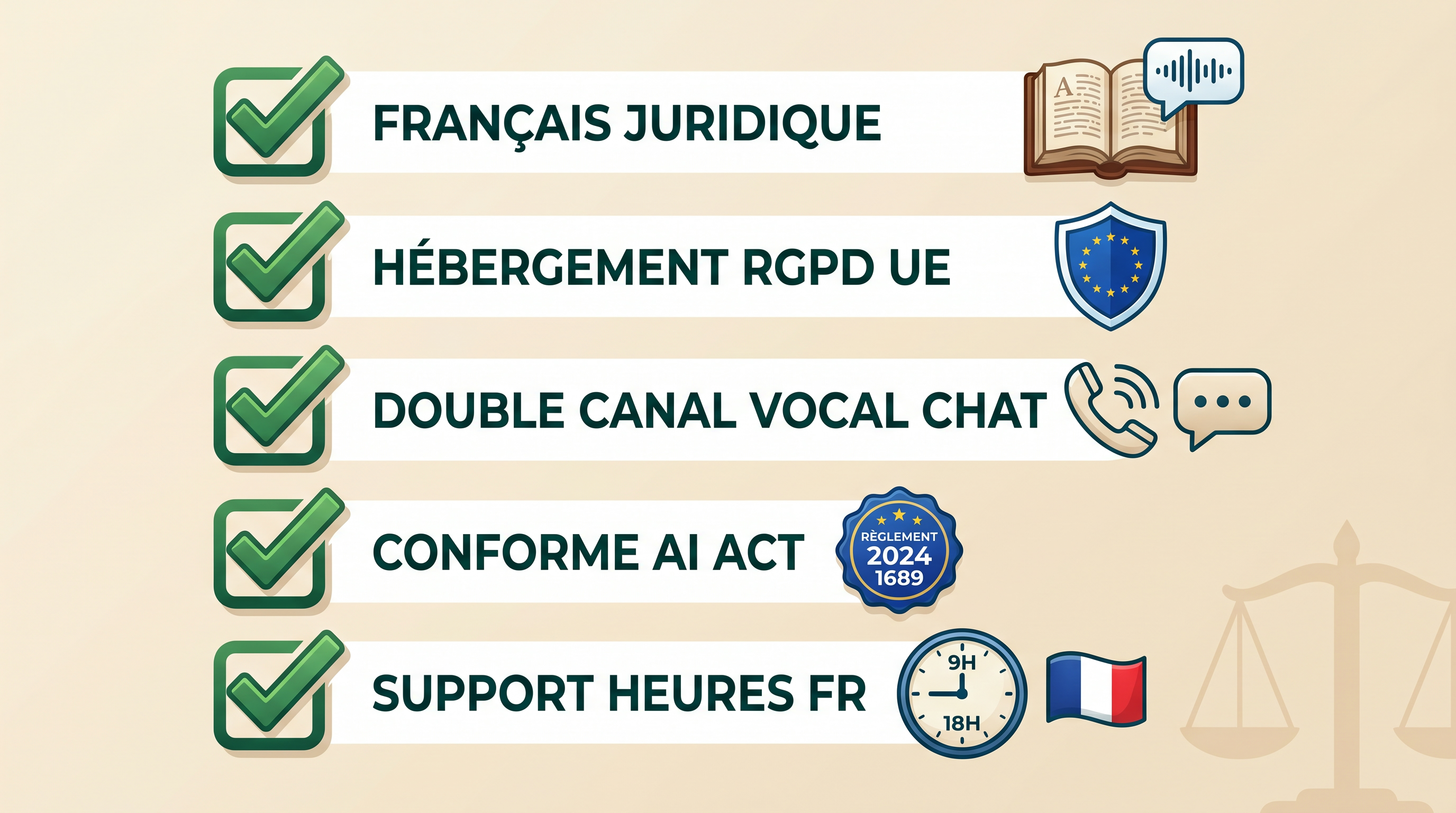 Les 5 critères pour choisir un agent vocal IA cabinet avocat en France : français juridique, RGPD UE, intégration agenda, conformité AI Act, support en heures ouvrables