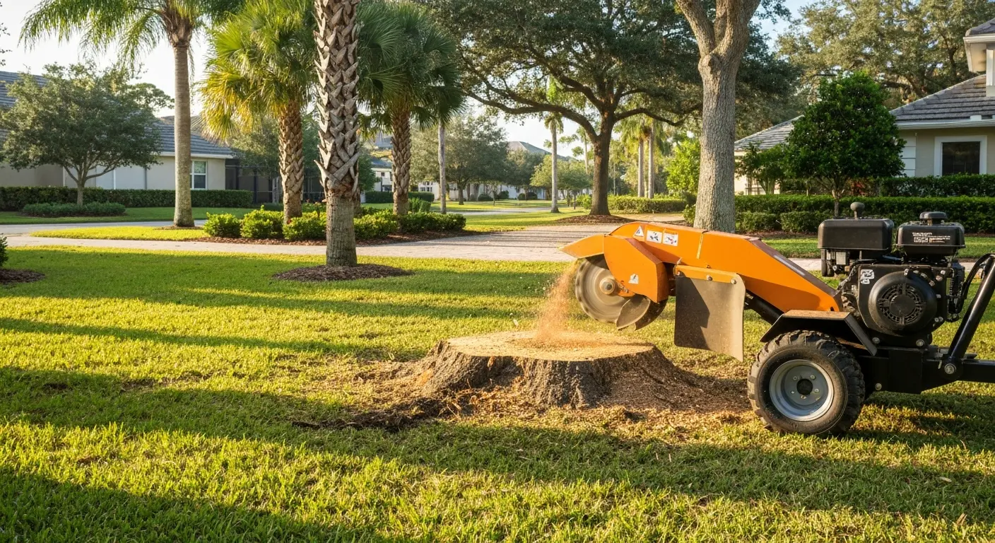 Stump grinding equipment at Trinity property