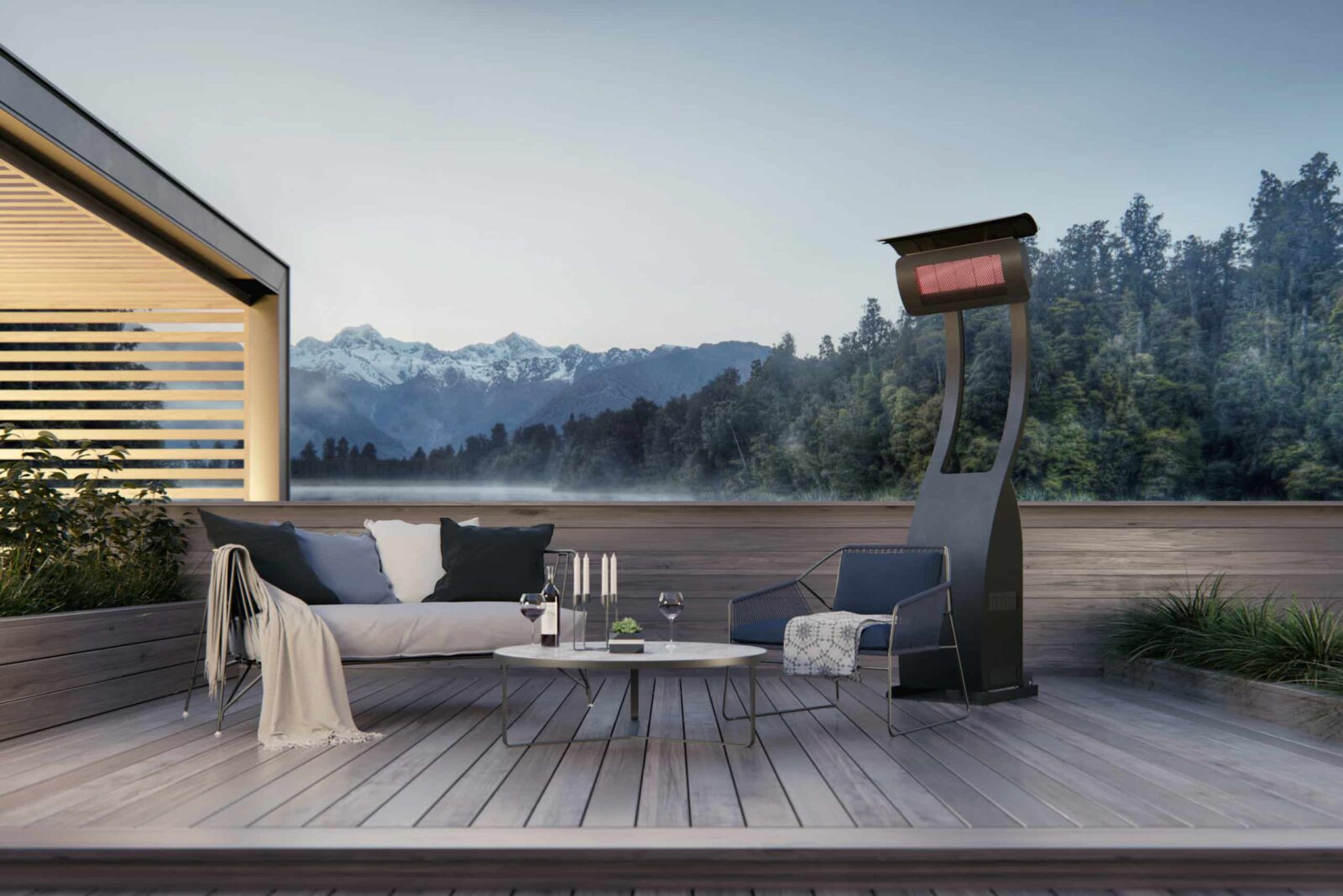 Bromic heater beside a luxury outdoor lounge after sunset