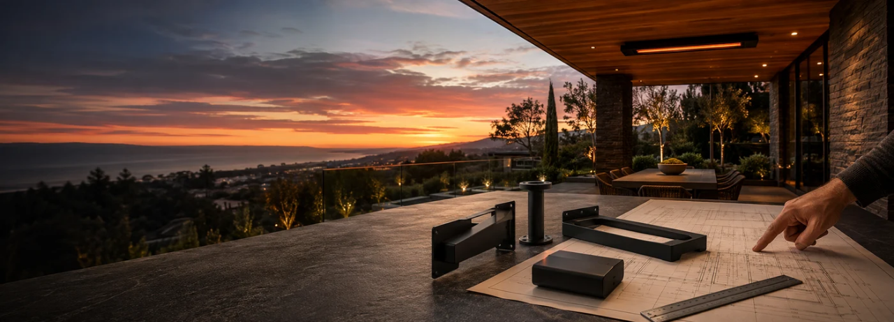 Bromic heater controls and mounting parts arranged beside an outdoor patio