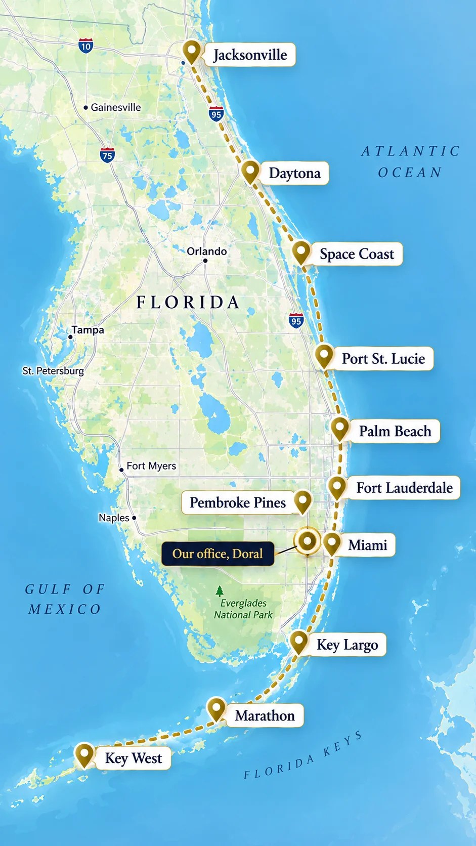 Map of Florida showing Equitas Title service areas from Jacksonville to Key West, with the Doral office marked