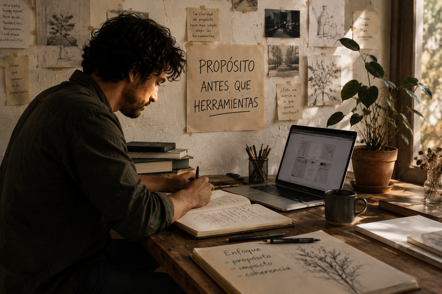 A person writes beside a laptop in a warm creative workspace, surrounded by notes about purpose, focus, and intentional technology use, representing the principle of purpose before tools.
