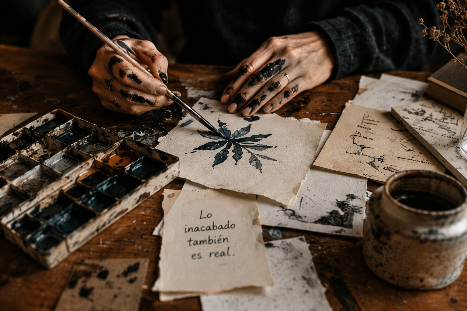 An artist paints by hand on textured paper, surrounded by ink, sketches, and handwritten notes, representing human imperfection, creative authenticity, and the beauty of the unfinished.