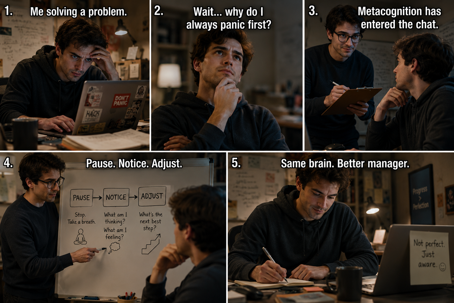 A five-panel meme showing a person moving from stress and panic into self-awareness and better emotional regulation. The image explains metacognition in a humorous way: instead of reacting automatically, the person learns to pause, observe their thoughts, and choose a better response.