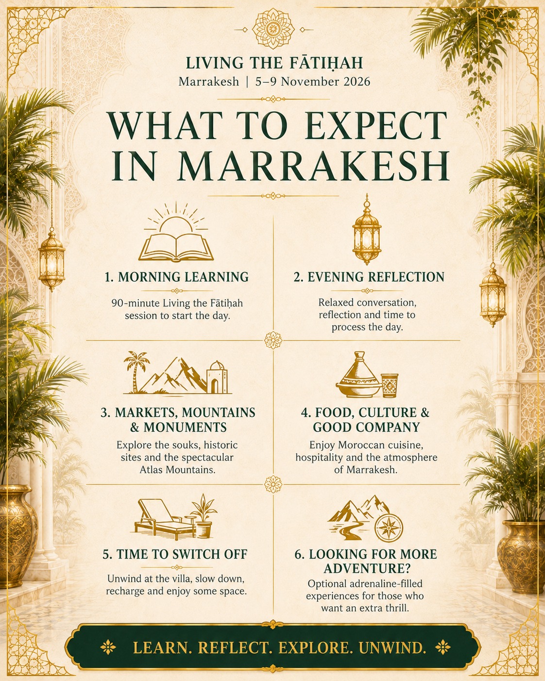 Living the Fatiha Marrakech retreat poster — more than a retreat