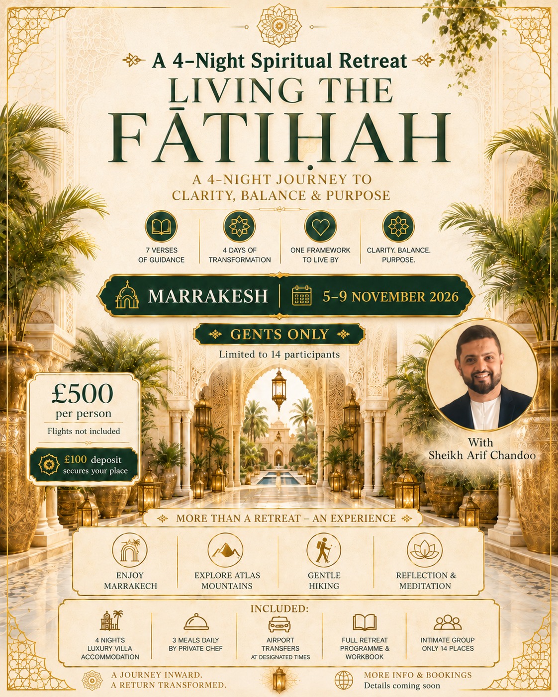 Living the Fatiha Marrakech retreat poster — why 40+