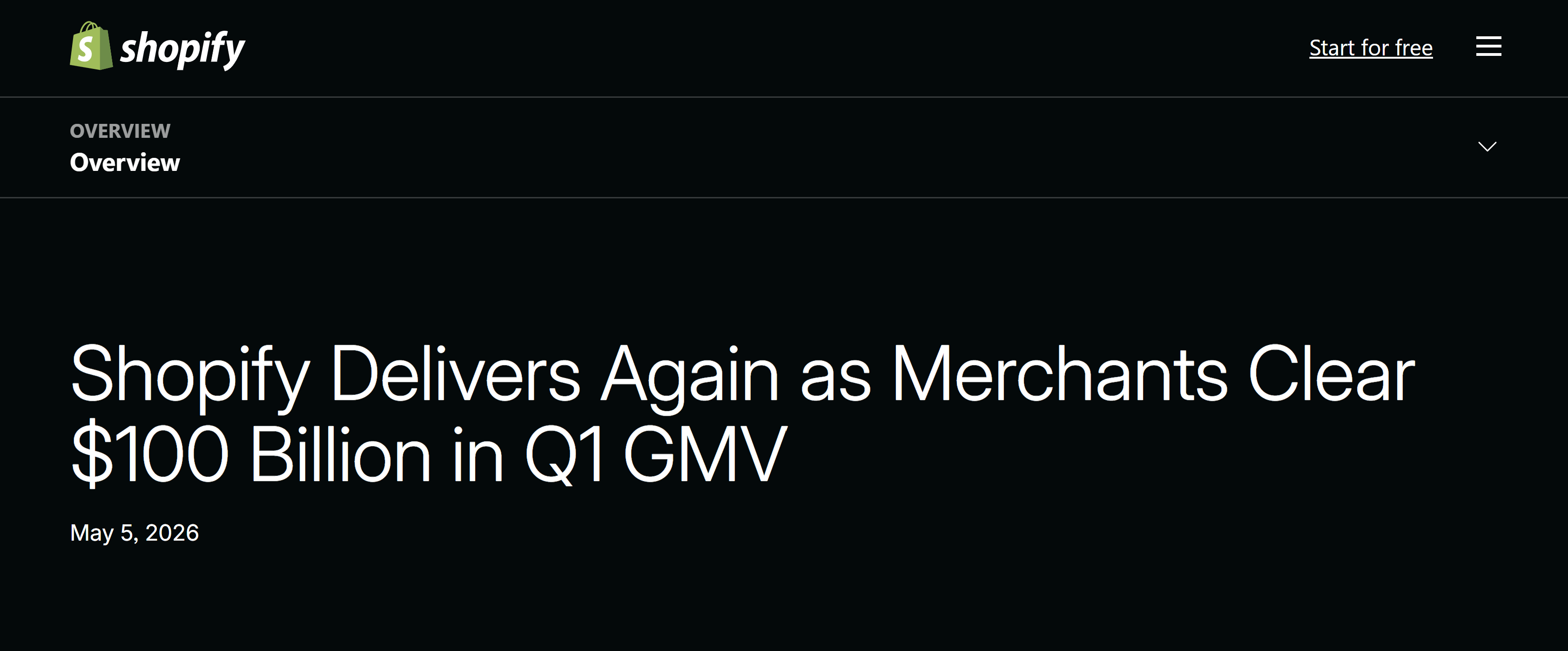 Shopify headline: Merchants Clear $100 Billion in Q1 GMV