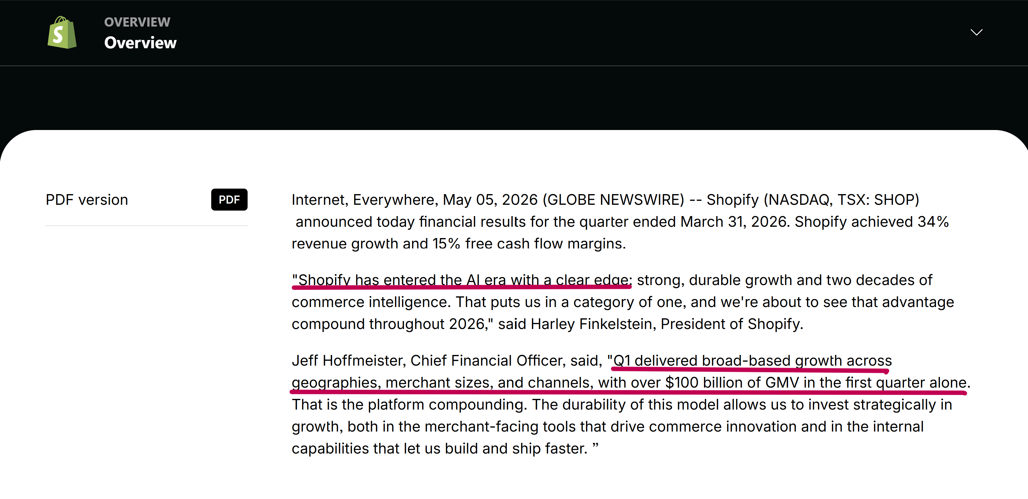 Shopify CFO quote: over $100 billion of GMV in the first quarter alone