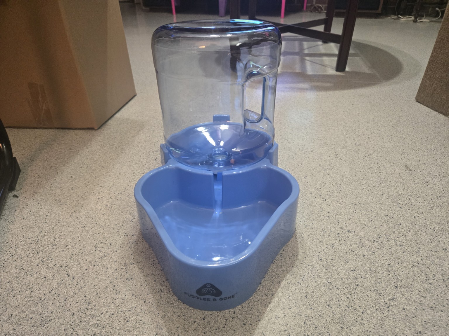 Complete updated blue Puddles B Gone waterer with jug seated in its base