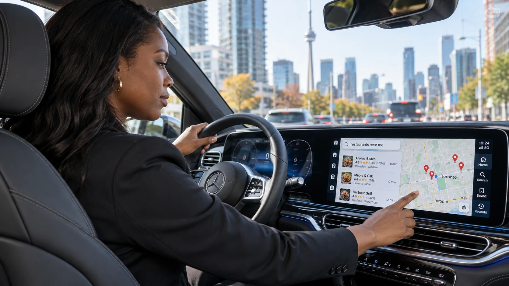 Canadian driver using modern vehicle technology for local navigation and digital discovery
