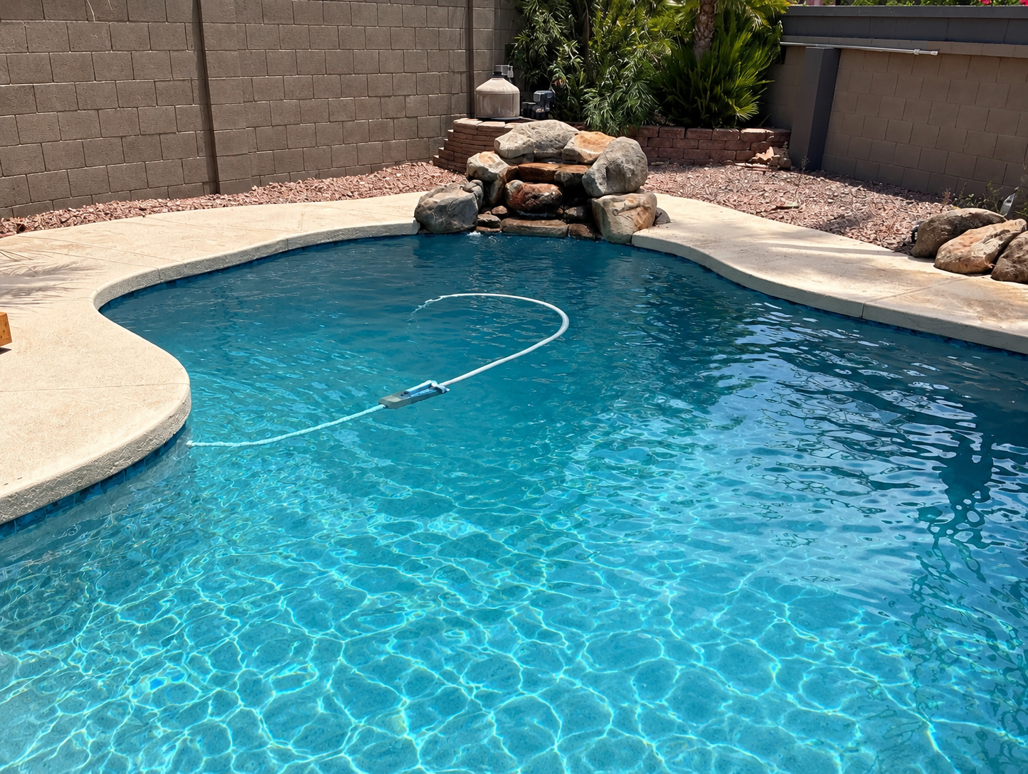 Backyard pool with clean balanced water cared for by Swim Clean Pool Services in Scottsdale