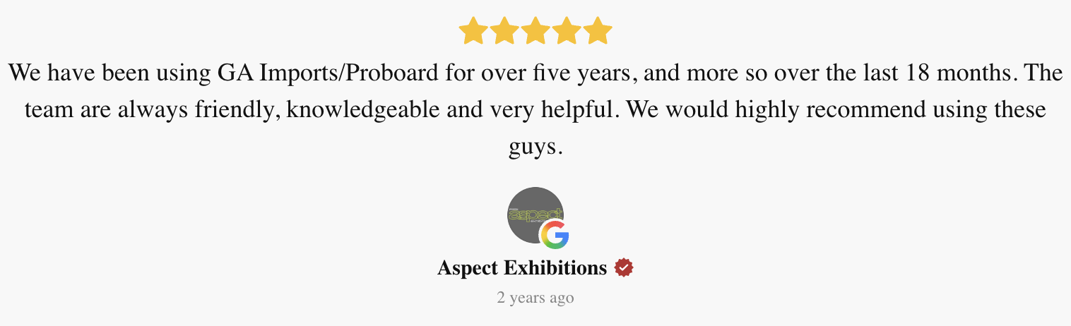 Google review from Aspect Exhibitions