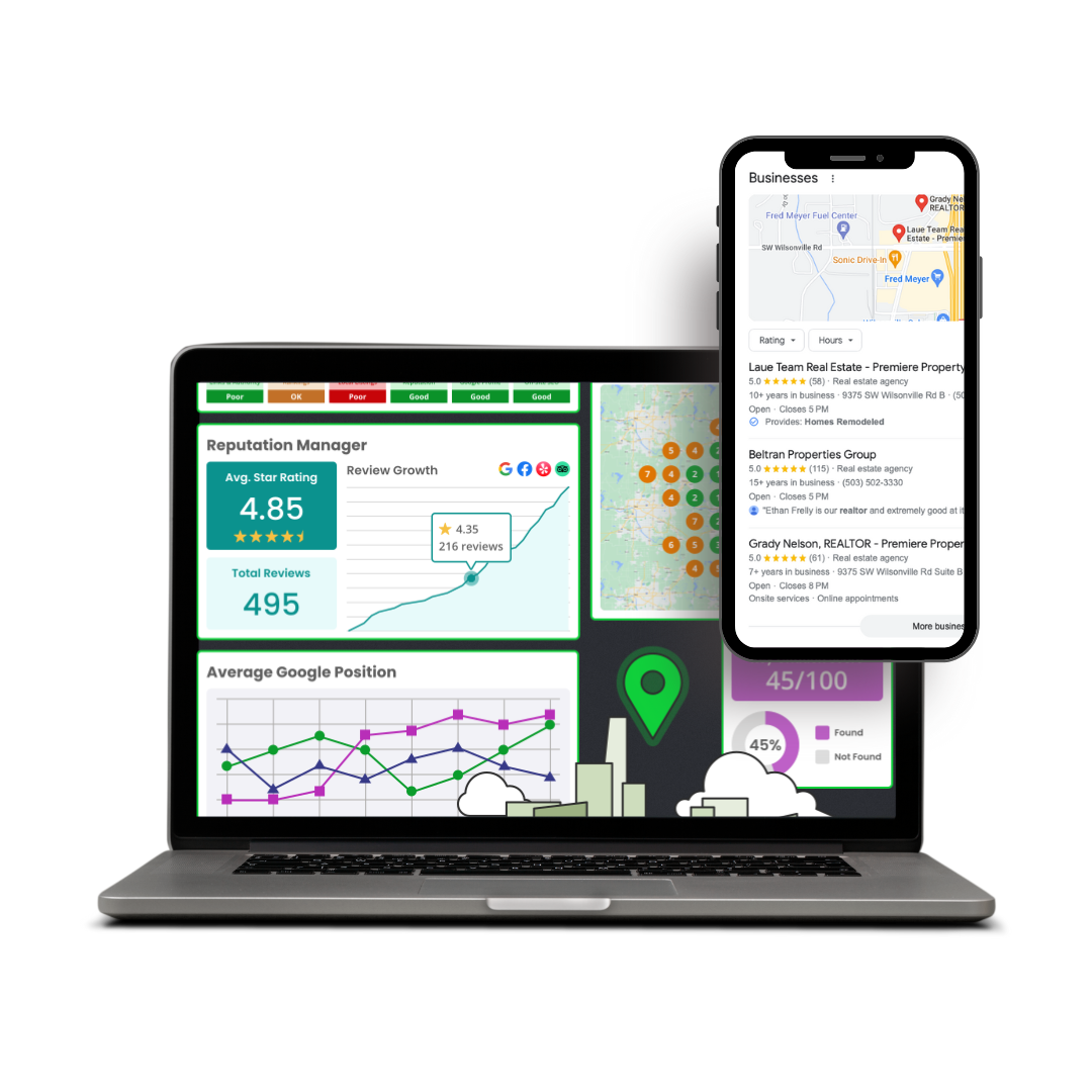 Laptop displaying a digital reputation management dashboard with average star rating, review growth graph, and Google position metrics, alongside a smartphone showing local business listings and reviews for real estate agencies.