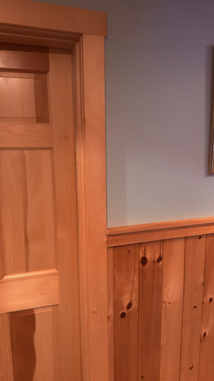 Knotty pine wainscoting and new door trim in a finished basement