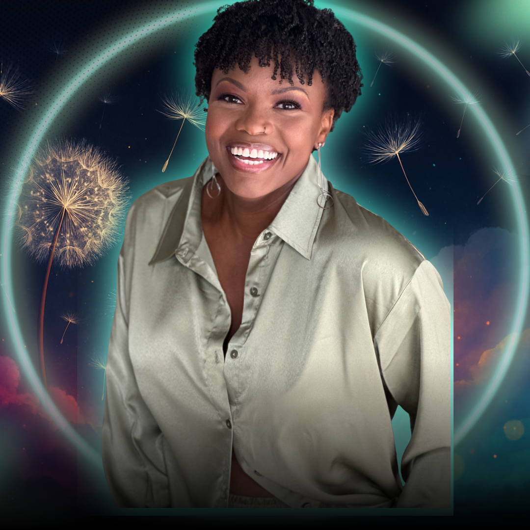 A cheerful white nonbinary person in their late 20s, with short curly hair, wearing a yellow sweater, standing in a cozy home library with books and plants. The vibe is creative, inclusive, and inspiring.