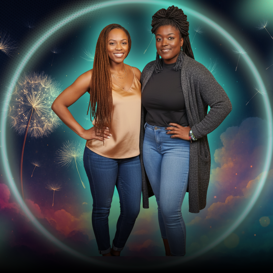 A charismatic Black woman in her 30s, wearing a bold pink blazer, standing confidently with arms crossed in a sunlit creative studio. The background features vision boards and plants, exuding energy and leadership.