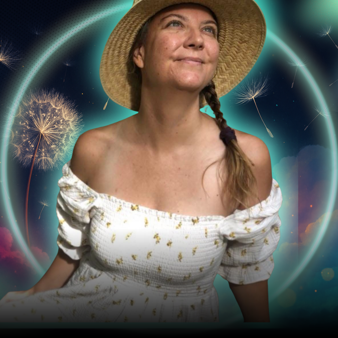 A cheerful white nonbinary person in their late 20s, with short curly hair, wearing a yellow sweater, standing in a cozy home library with books and plants. The vibe is creative, inclusive, and inspiring.