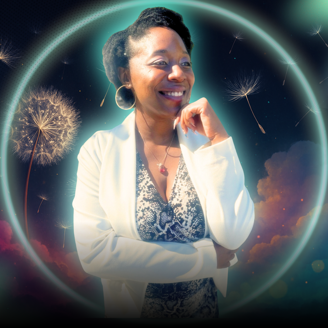 A charismatic Black woman in her 30s, wearing a bold pink blazer, standing confidently with arms crossed in a sunlit creative studio. The background features vision boards and plants, exuding energy and leadership.