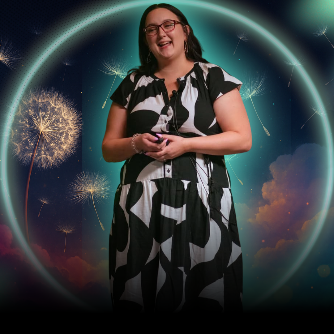 A cheerful white nonbinary person in their late 20s, with short curly hair, wearing a yellow sweater, standing in a cozy home library with books and plants. The vibe is creative, inclusive, and inspiring.