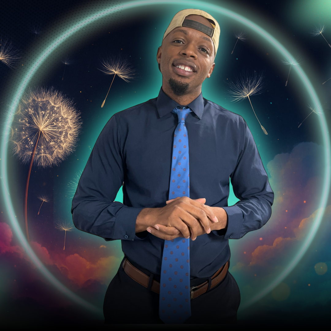 A charismatic Black woman in her 30s, wearing a bold pink blazer, standing confidently with arms crossed in a sunlit creative studio. The background features vision boards and plants, exuding energy and leadership.