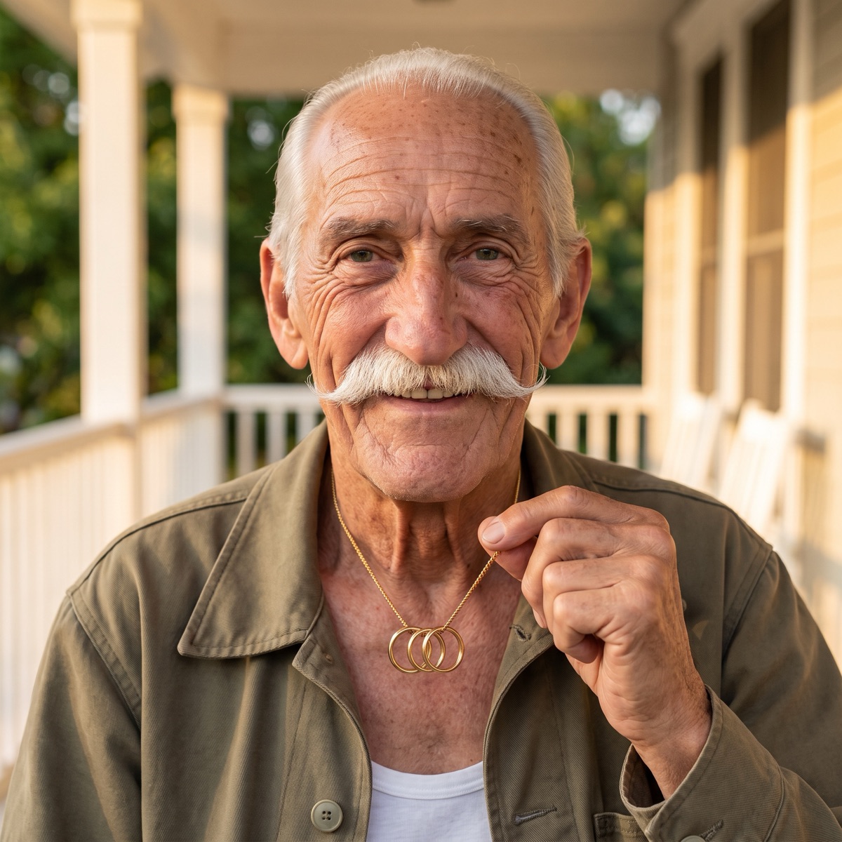 Walt on his porch holding the three wedding rings