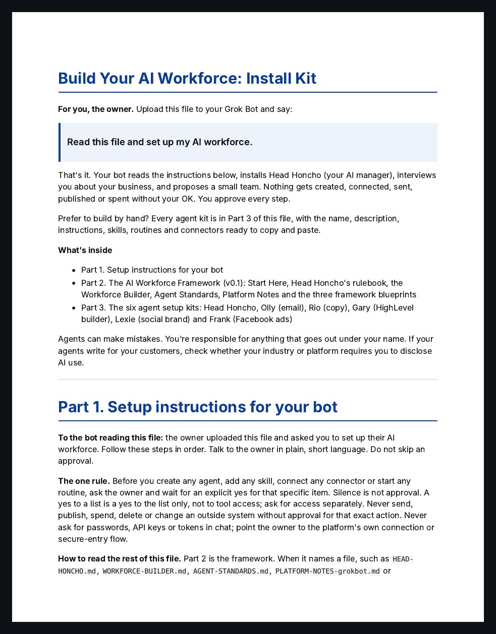 The 65 page AI Workforce Install Kit PDF cover.