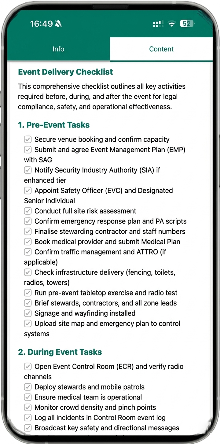 Event delivery checklist ensuring every task is completed on time for a smooth, successful event from setup to breakdown.