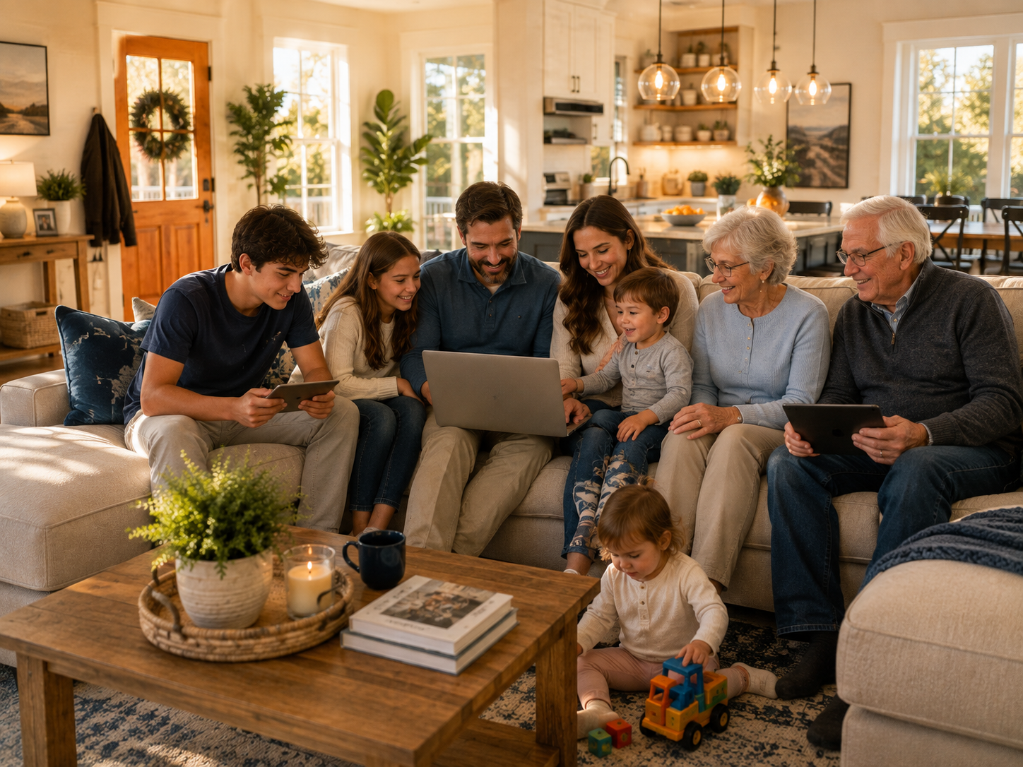Multigenerational family using technology together at home
