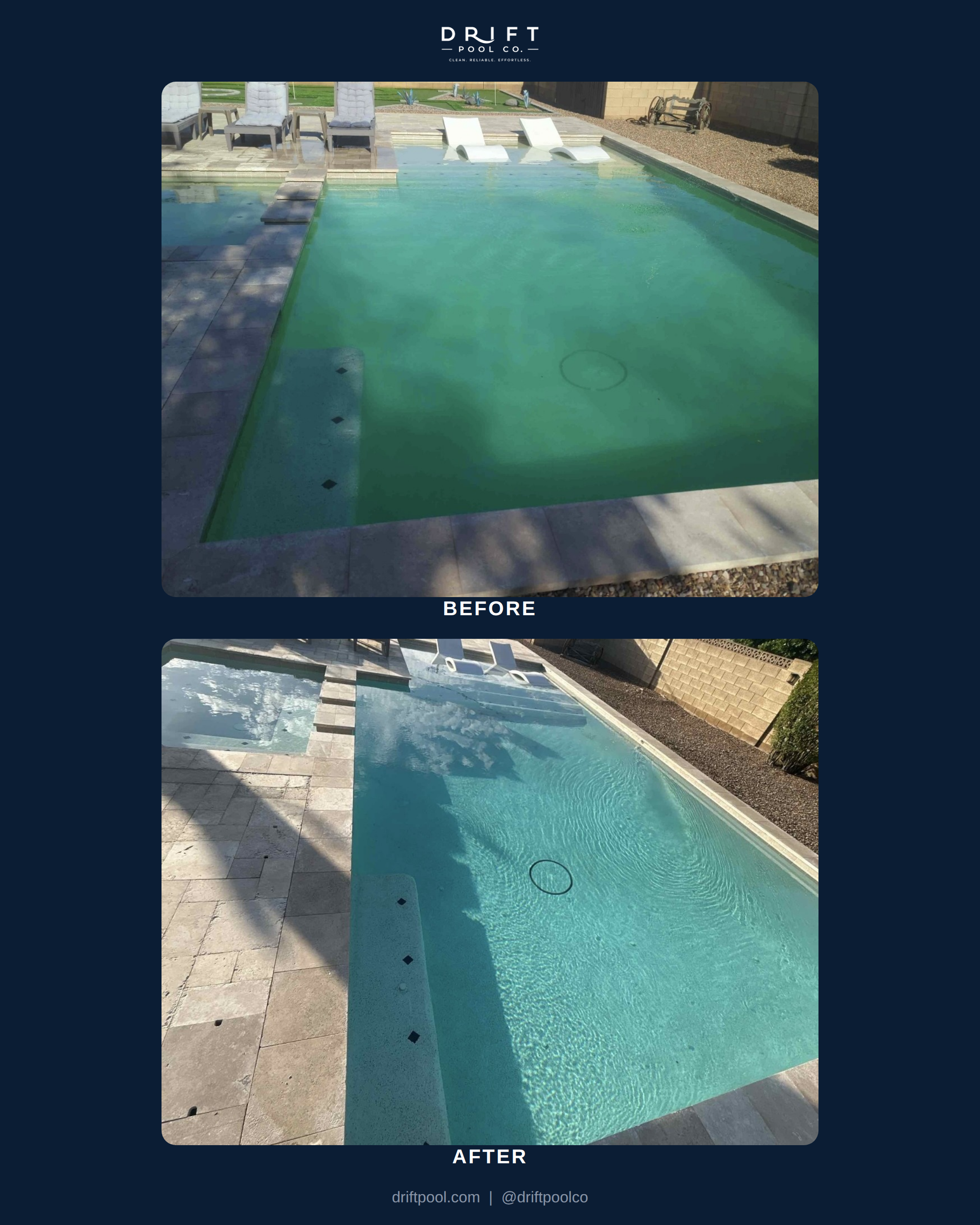 Before and after green pool recovery by Drift Pool Co. in the Phoenix area