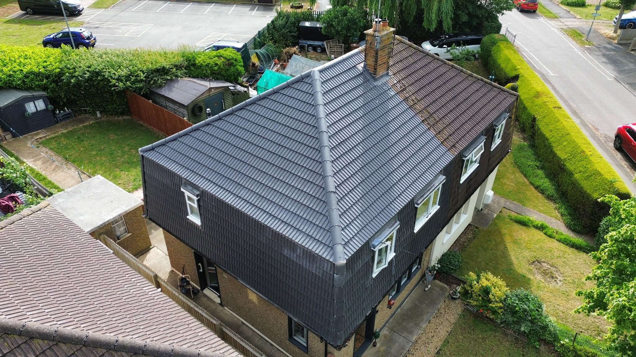 Completed roof replacement, drone view