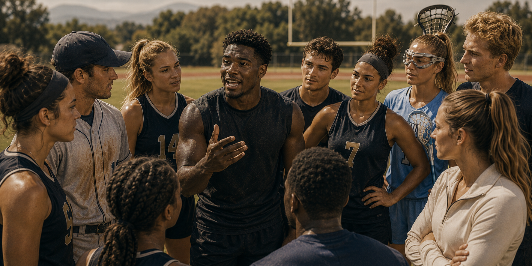 A coach mid sentence in a huddle of athletes from several sports, everyone listening