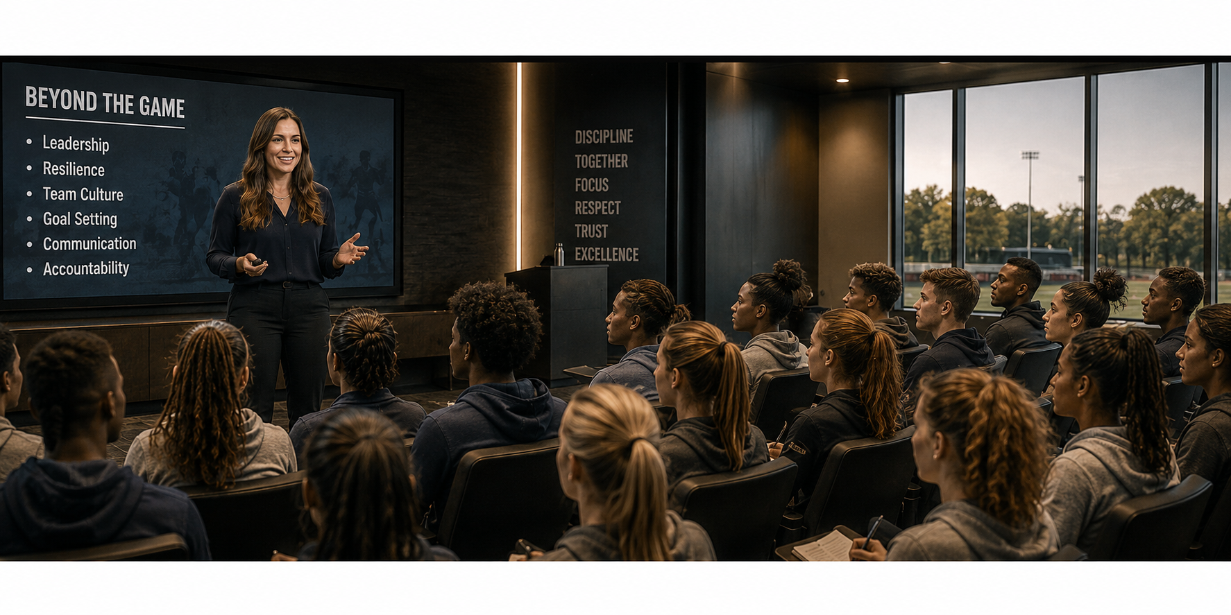 A speaker presenting to a room of athletes, the screen behind her reading Beyond the Game