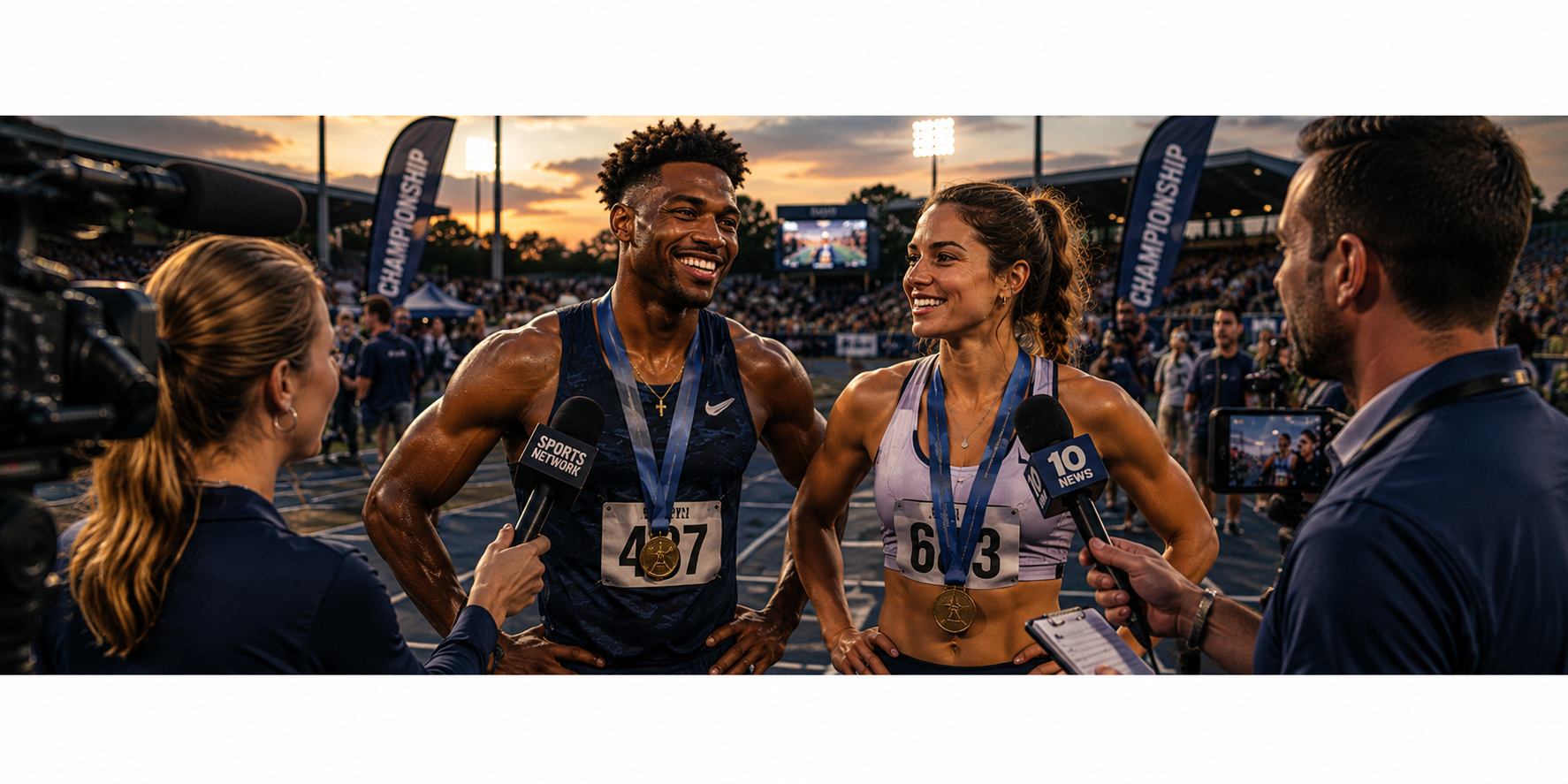 Two athletes talking about their race after a championship final