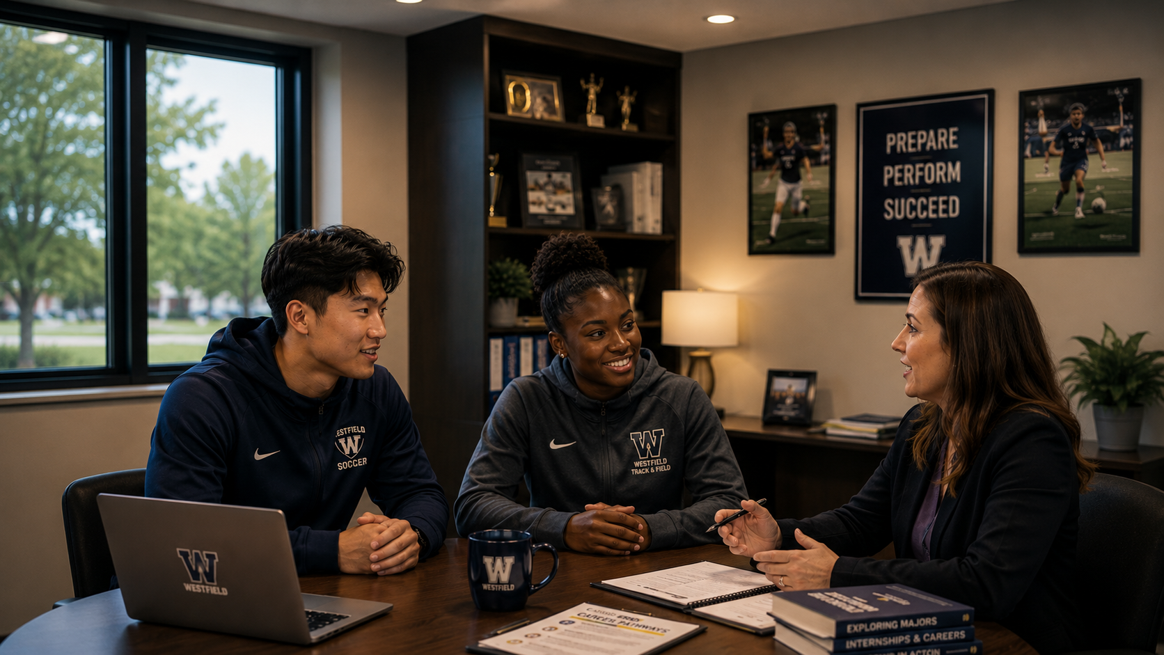 Two athletes in conversation with a member of staff at a college