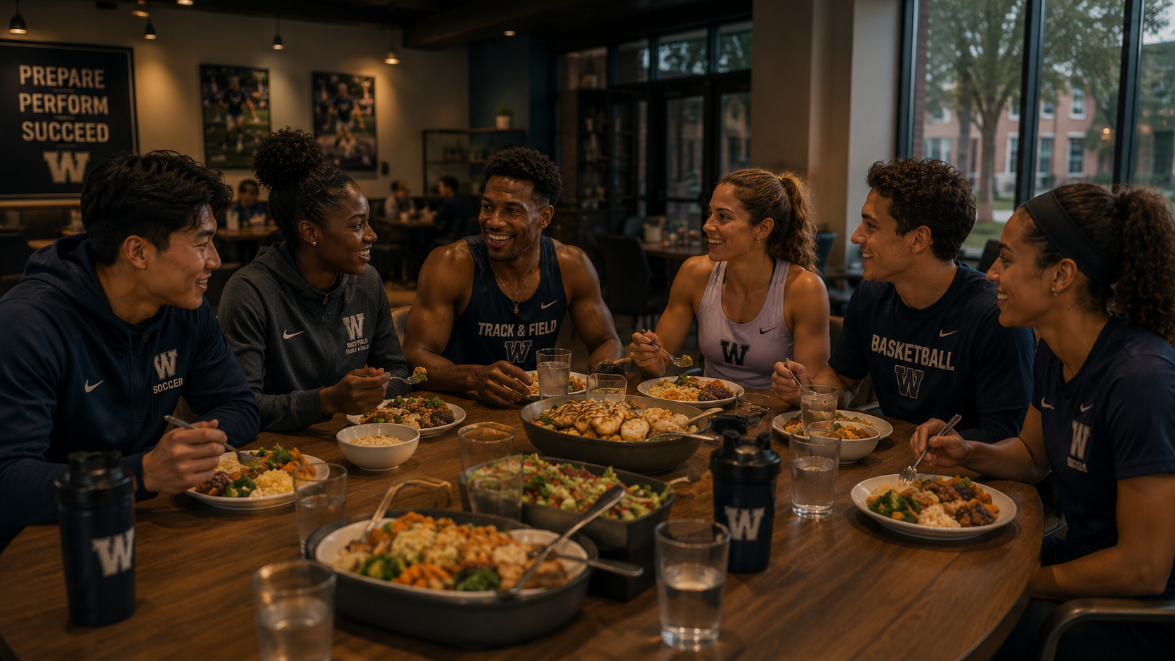 Athletes from several sports eating together at a long table after training