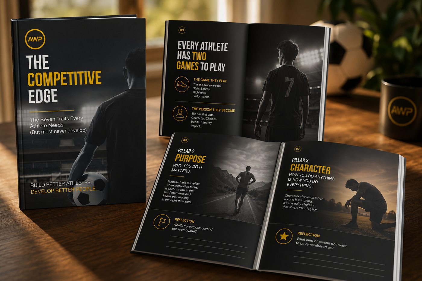 The Competitive Edge cover beside two open interior spreads.
