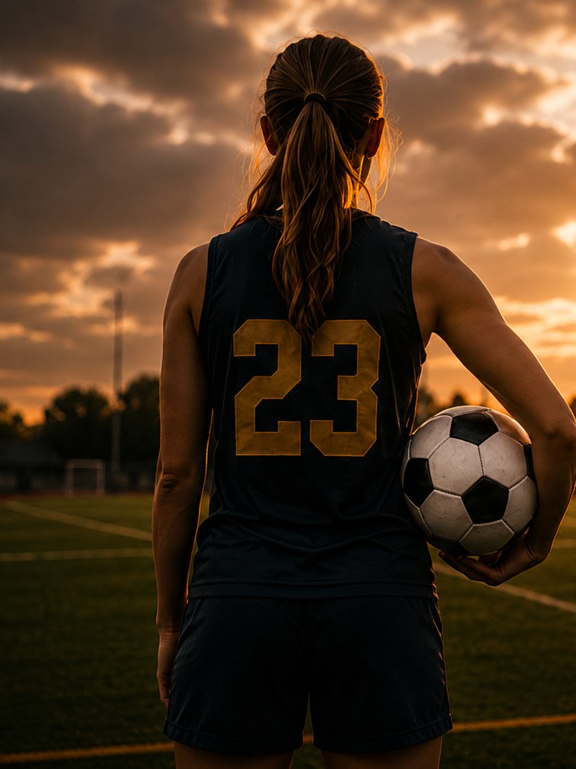 An athlete in a number 23 jersey standing on the field at sunset, seen from behind.