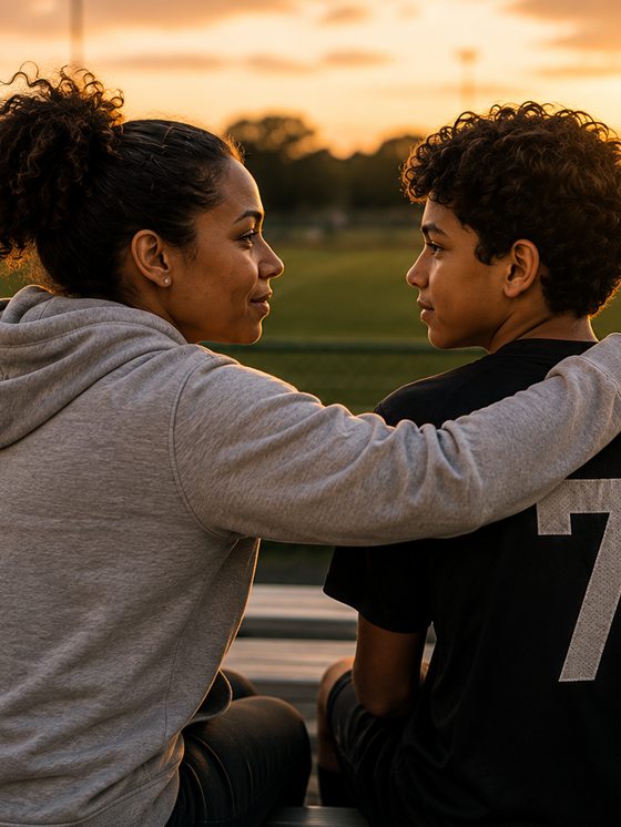 A parent and their athlete after a game