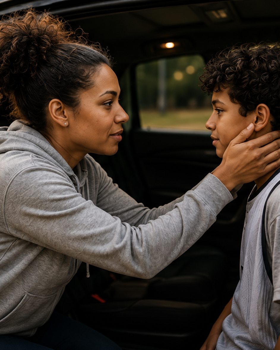 A parent crouches at the open car door, holding her son's face in both hands as they talk.
