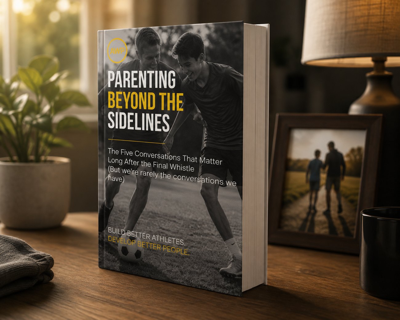 The Parenting Beyond the Sidelines guidebook standing on a console table.